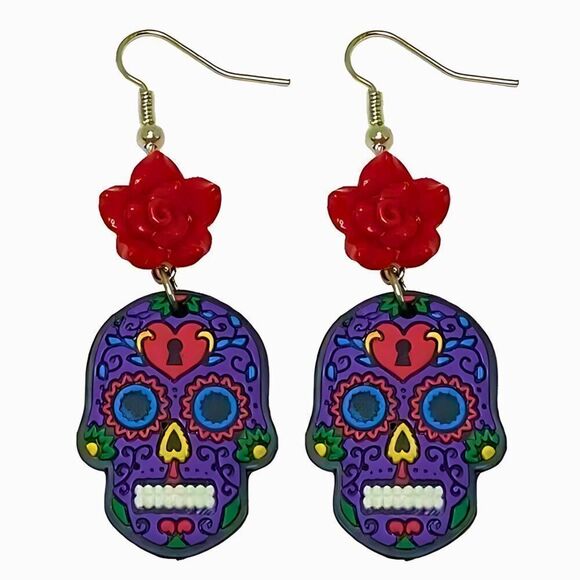 NEW Purple Day of the Dead Sugar Skull Drop Earrings - Picture 1 of 6